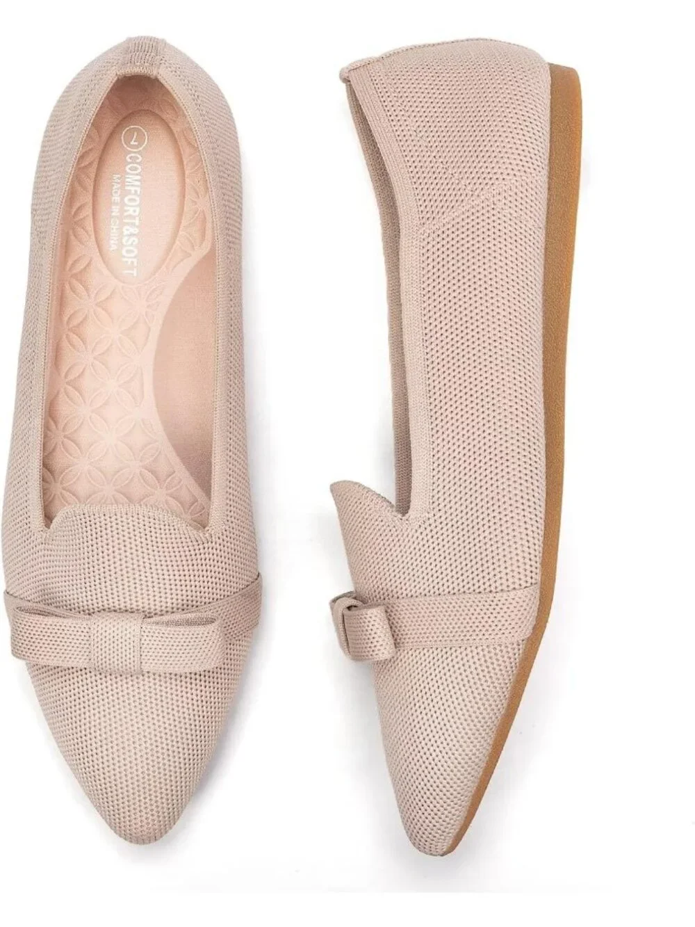 Women's Cream Comfortable Knit Casual Pointed Toe Ballet Flats with Bow Shoes